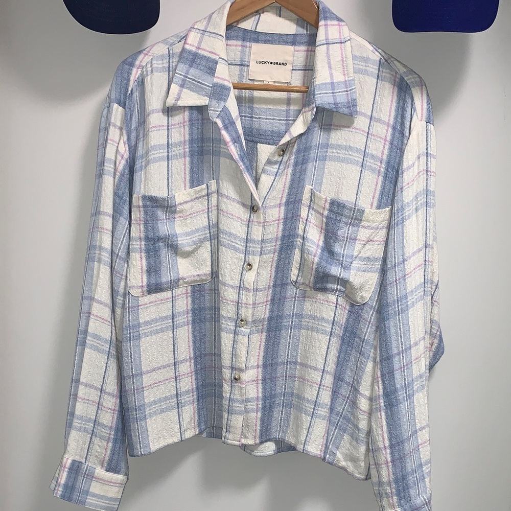 Lucky Brand Light Blue, White & Pink Plaid Cropped Button-Up